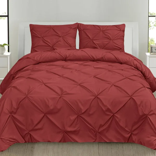 Luxury 4-Piece Pinch Pleat Pintuck Duvet Set - King, Burgundy