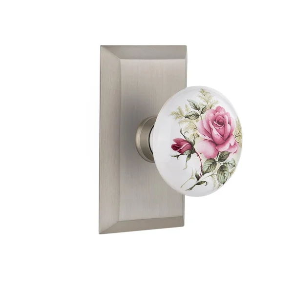 Nostalgic Warehouse 717824 Studio Plate Privacy White Rose Porcelain Door Knob, Satin Nickel