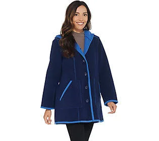 Susan Graver Weekend Bonded Polar Fleece Button Front Coat - Size Small, Sapphire/Blue