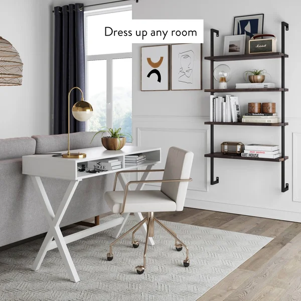 Nathan James Theo 4-Shelf Bookcase - Floating Wall Mount Shelves with Natural Wood and Industrial Pipe Metal Frame, Nutmeg/Black