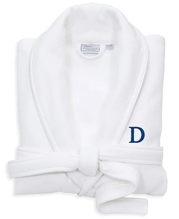 Linum Home Textiles Hotel Turkish Cotton Waffle Terry Bathrobe with Satin Piped Trim - Personalized - White Navy, Size: Small/Me