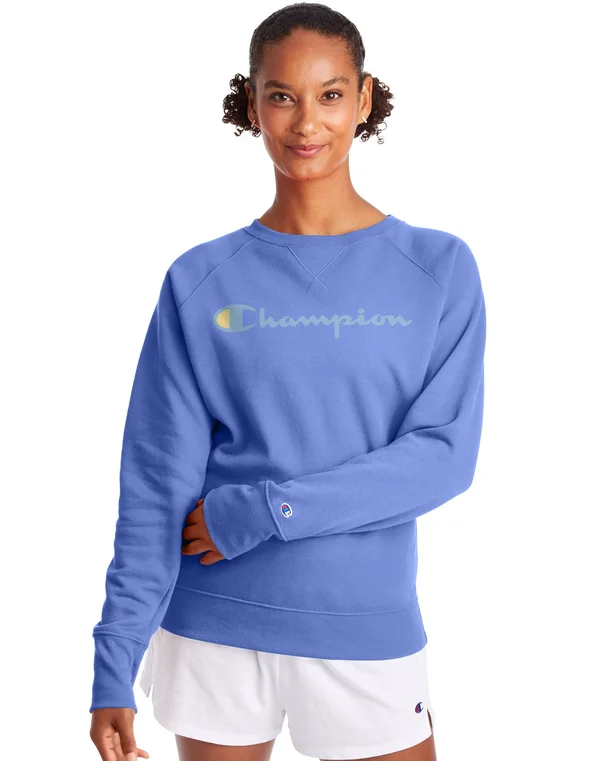 Champion Women's Powerblend Graphic Boyfriend Crew Sweatshirt Deep Forte Blue Medium