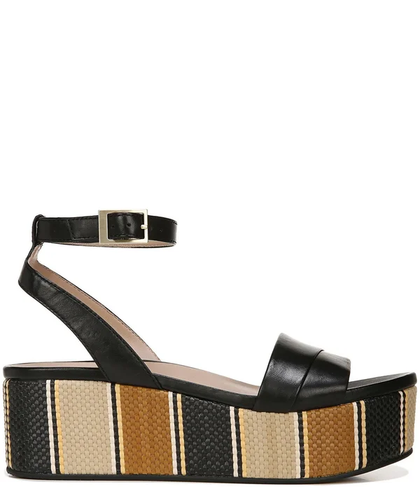 27 Edit Jamari Leather Striped Platform Sandals, Womens, 5M, Black