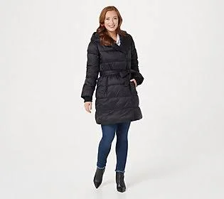 Centigrade Printed or Solid Puffer with Belt, Size Small, Black