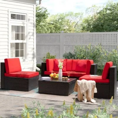 Olivarez 5 Piece Rattan Sectional Seating Group with Cushions Wade Logan Cushion Color: Red