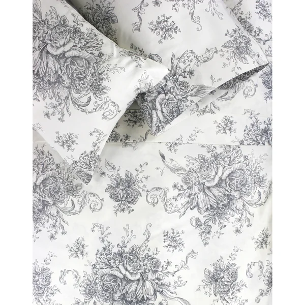 Melange Home Printed Design Cotton Collection 400 Thread Count Grey Toile Bed Sheet Set - California King - 4 Piece