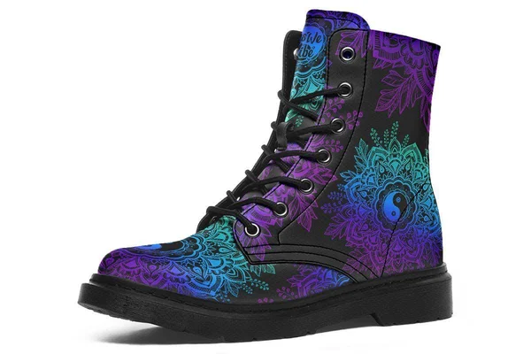 Yin Yang Mandala Boots - Vegan Black Boots, YesWeVibe Men's Boots, Black Sole, US 6, EU39