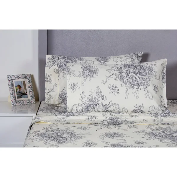 Melange Home Printed Design Cotton Collection 400 Thread Count Grey Toile Bed Sheet Set - California King - 4 Piece
