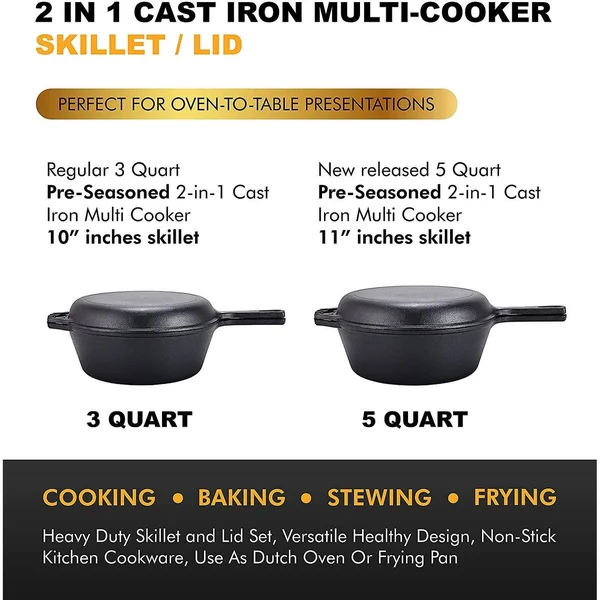 2-in-1 Cast Iron Multi-Cooker – Heavy Duty Skillet and Lid Set, Versatile Healthy Design, Non-Stick Kitchen Cookware