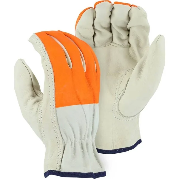 Leather Drivers Glove - BC-Grade Cowhide, Keystone Thumb, High Visibility Print Fingers, Majestic (Pk 12 Pairs) X-Large