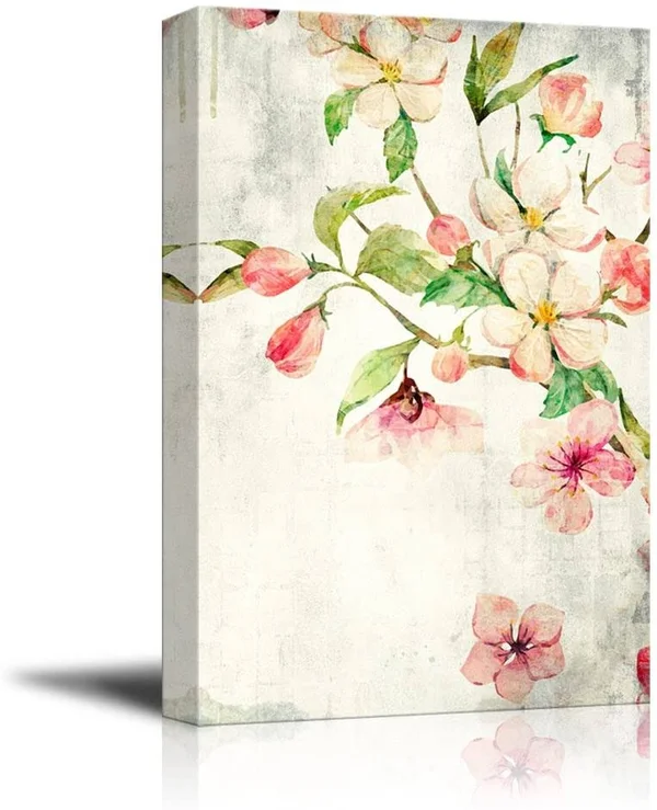 Wall26 Canvas Wall Art - Watercolor Painting Style Pink Cherry Blossom on Branch - Giclee Print Gallery Wrap Modern Home Decor R