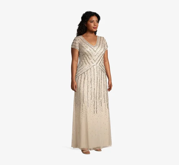 Adrianna Papell Long Beaded Dress, Beige, Size: 20