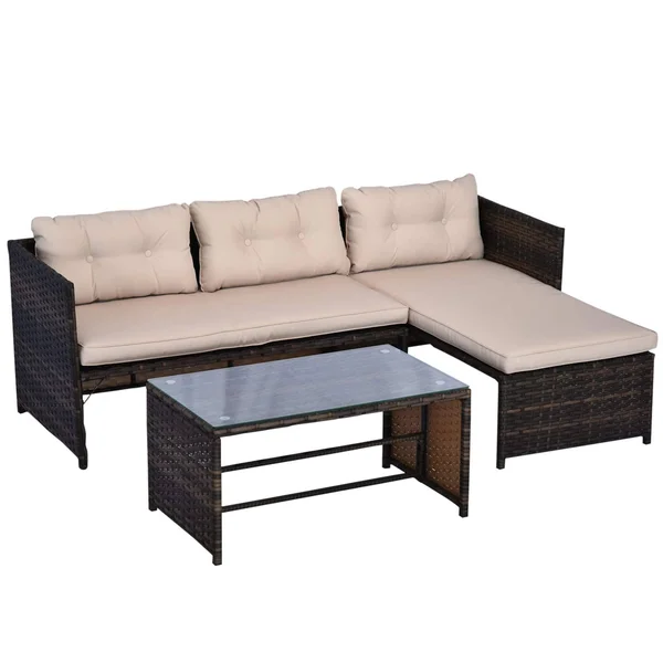Outsunny 3 Piece Outdoor Rattan Wicker Patio Sofa and Chaise Lounge Set