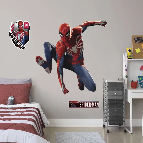 Spider-Man: Gameverse Leap - Officially Licensed Removable Wall Decal Life-Size Character + 8 Wall Decals (51x22W x 53x22H) by F