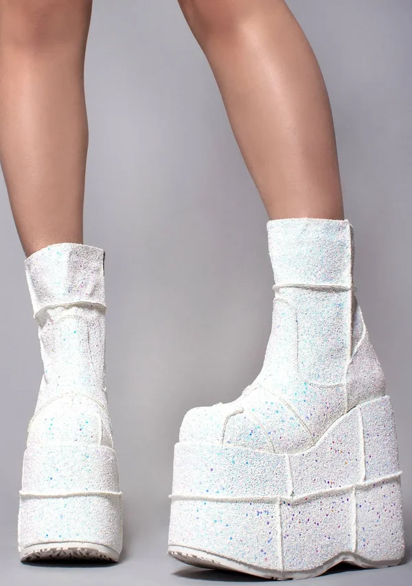 STACK-201G - Men's GOGO Platform Wedge Glitters Ankle Boots, White Size : 7 - FUNkyPair.com