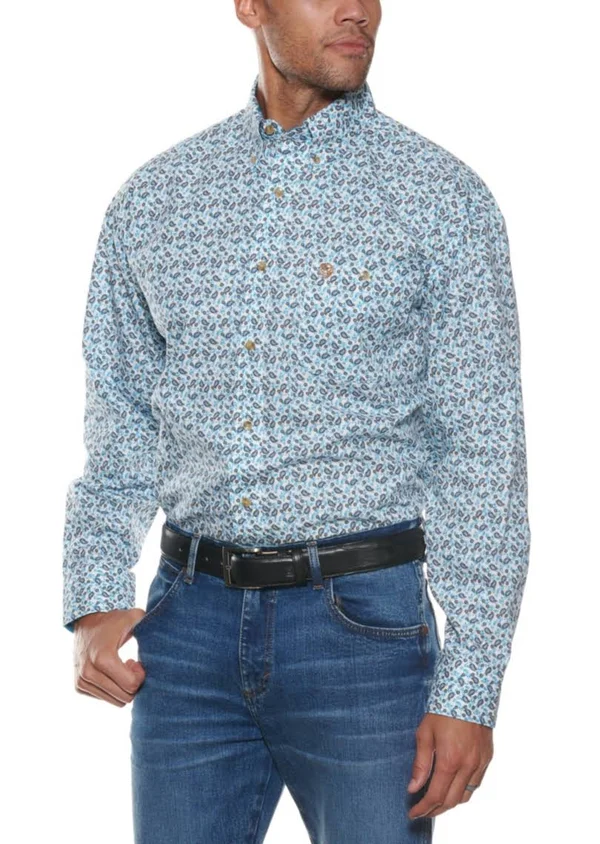 Wrangler Mens George Strait Collection Long Sleeve 1 Pkt Print Shirt Teal Paisley Size XL