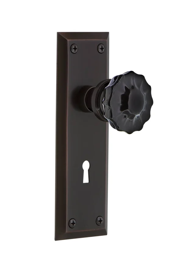 Nostalgic Warehouse - Single Dummy - New York Plate with Keyhole Crystal Black Glass Door Knob in Timeless Bronze - 727015