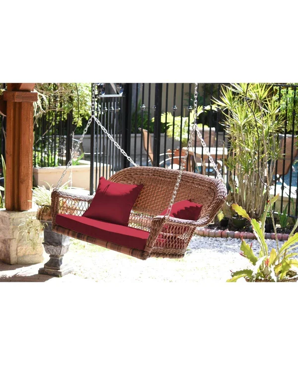 Jeco W00206S-B-FS030 White Resin Wicker Porch Swing with Red Cushion