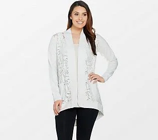 Logo by Lori Goldstein Open Front Slub Cardiganw/ Lace Detail, Size X-Small, White Birch