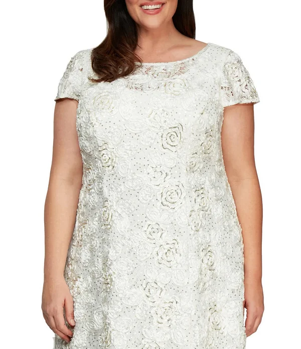 Alex Evenings Plus Size Cap Sleeve Rosette Lace Dress - 24W