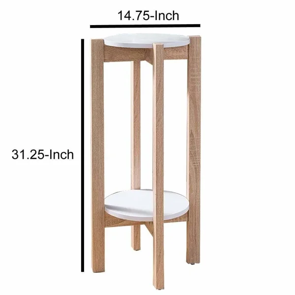 Natural Wood Plant Stand with Two Round Shelves Light Brown and White