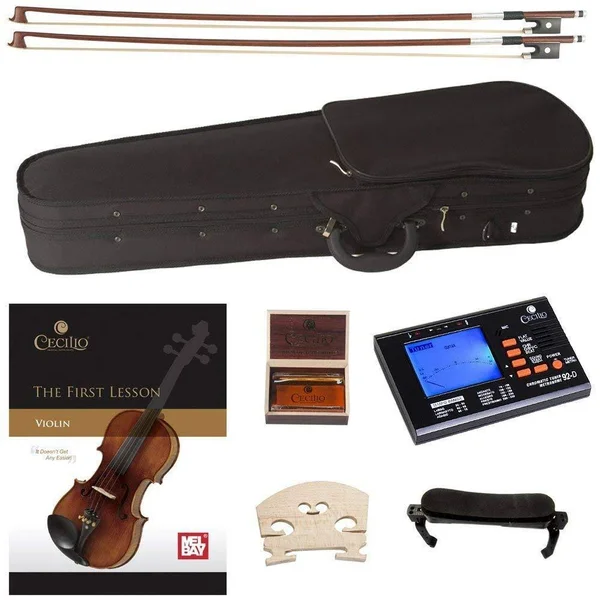 Cecilio CVN-300 Solidwood Ebony Fitted Violin with D&Addario Prelude Strings - Size 4/4 (Full Size)
