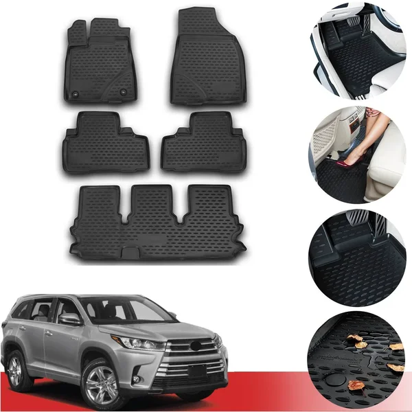 OMAC USA Complete Set Custom Fit All-Weather 3D Molded Black Rubber Floor Mat for Toyota Highlander 2014-2018