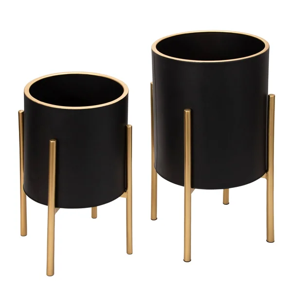 Sagebrook Home Set of 2 Planter on Metal Stand - BLACK/GLD