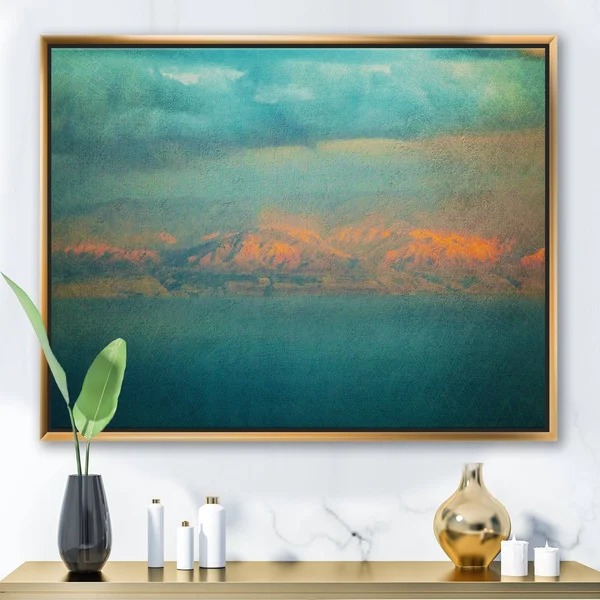 Designart &Glowing Mountains Over Sea Textured Vintage Image& Modern & Contemporary Framed Canvas Wall Art Print - 32 in. Wi
