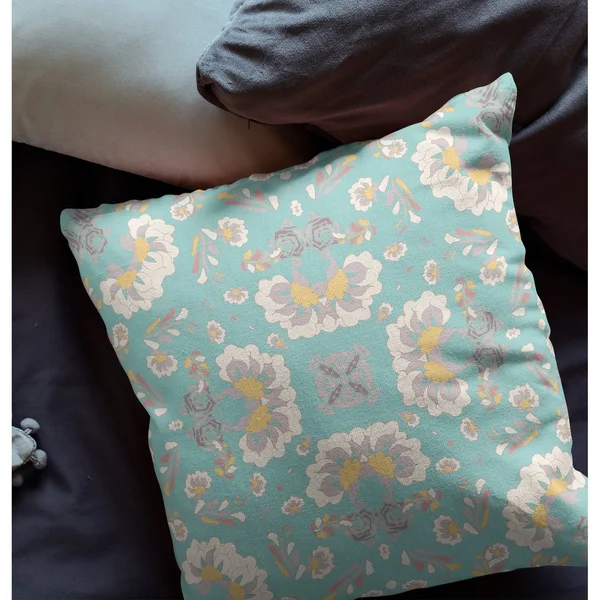 Divine Flowers Suede Blown & Closed Pillow w/ Insert in Green & White 20x22x20x22
