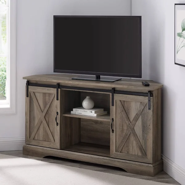Robinson Rustic Farmhouse Sliding Barn Door Corner TV Stand for TVs Up to 58x22 Gray Wash - Saracina Home