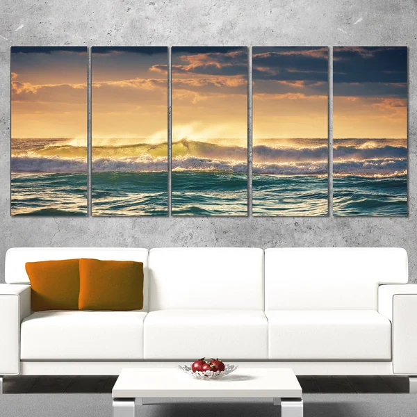 Designart 'Sunrise and Shining Waves in Ocean' 4 Piece Wall Art on Wrapped Canvas Set