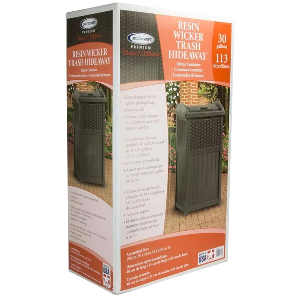Suncast 33 Gal Resin Wicker Outdoor Garbage Can & 99 Gal Patio Resin Pool Box