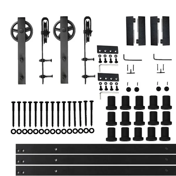 Homacer 18 ft./216 in. Black Rustic Non-Bypass Sliding Barn Door Hardware Kit Spoke Wheel Design Roller for Double Doors - Black