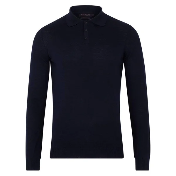 Mens Extra Fine Merino Wool Long Sleeve Polo Shirt, Navy, Xs