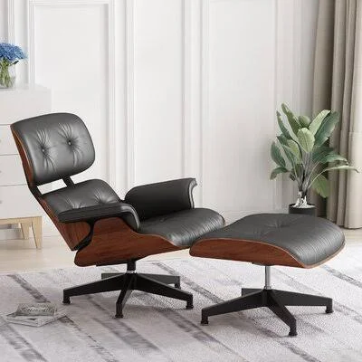 Mazon 41.4x22 W Genuine Leather Top Grain Leather Lounge Chair and Ottoman Wade Logan Leather Type: Black Genuine Leather