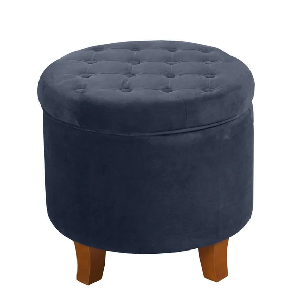 Button Tufted Velvet Upholstered Wooden with Hidden Storage Ottoman Dark Blue/Brown - Benzara