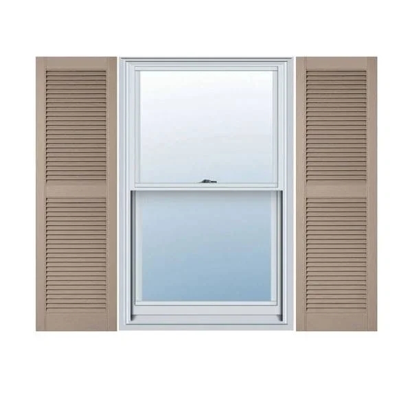 18 inchw x 58 inchh Lifetime Vinyl, Custom Straight Top Center Mullion, Open Louver Shutters, Wicker