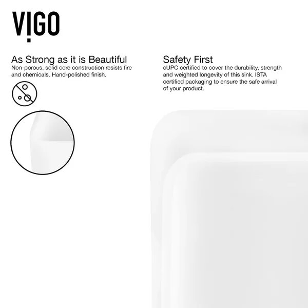 Vigo Matte Stone Amaryllis Composite Rectangular Vessel Bathroom Sink in White with Faucet and Pop-Up Drain in Matte Gold VGT146