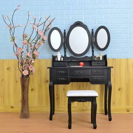 Boulevard F White Vanity Table with 3 Foldable Mirrors - Wood Dressing Table Set, Bedroom Makeup Table with 7 Drawers, Modern Van