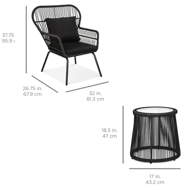 Best Choice Products 3-Piece Patio Conversation Bistro Set - Outdoor Wicker w/ 2 Chairs, Cushions, Side Table - Black
