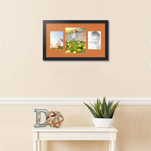 Collage Picture Frame, Satin Black Frame with 3 openings for 8x10 Photos with Orange Octoberfest Mat. D3926DP200, ArtToFrames