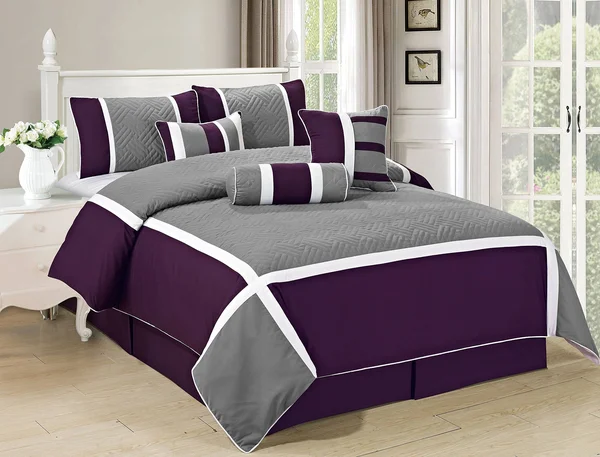 All American Collection New 7 Piece Embroidered Over-Sized Comforter Set (Cal King - Purple/Grey), 104" x 100"