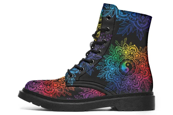 Colorful Yin Yang Boots - Black Mandala Vegan Boots, YesWeVibe Men's Boots, Black Sole, US 3, EU35