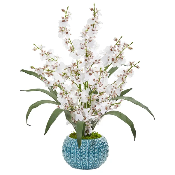 Nearly Natural Dancing Lady Orchid Artificial Arrangement in Blue Vase