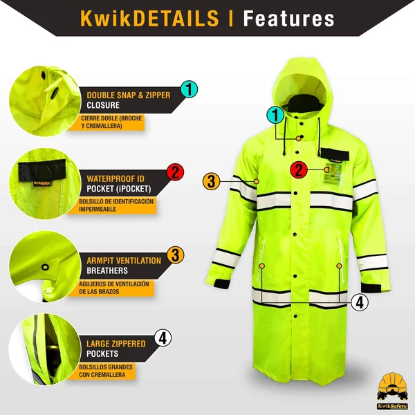 KwikSafety (Charlotte - NC) Torrent Class 3 Safety Trench Coat, High Visibility Waterproof Windproof Safety Rain Jacket, Hi Vis