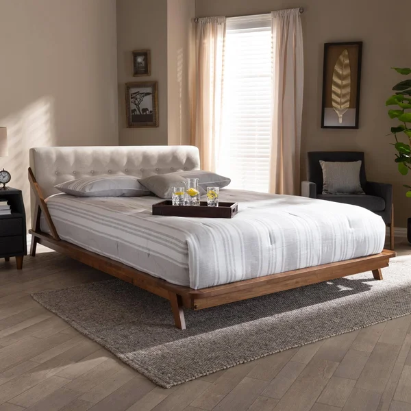 Baxton Studio Sante Light Beige Fabric Upholstered Wood Queen Size Platform Bed