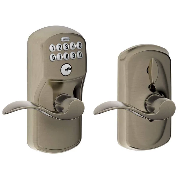 Schlage FE595 PLY/ACC Plymouth Keypad Flex-Lock Entry Leverset with Accent Lever Antique Pewter