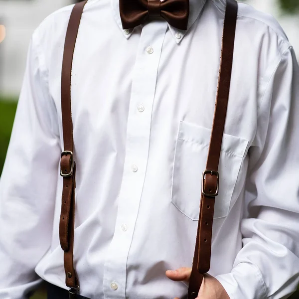 Fine Leather Suspenders - for Groomsmen & Wedding Party - Made in USA - Medium 40x22-44x22, Brown