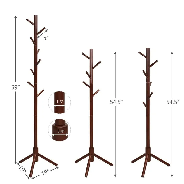2 Heights Wooden Coat Rack with 8 Hooks-Walnut - Walnut - OneSize